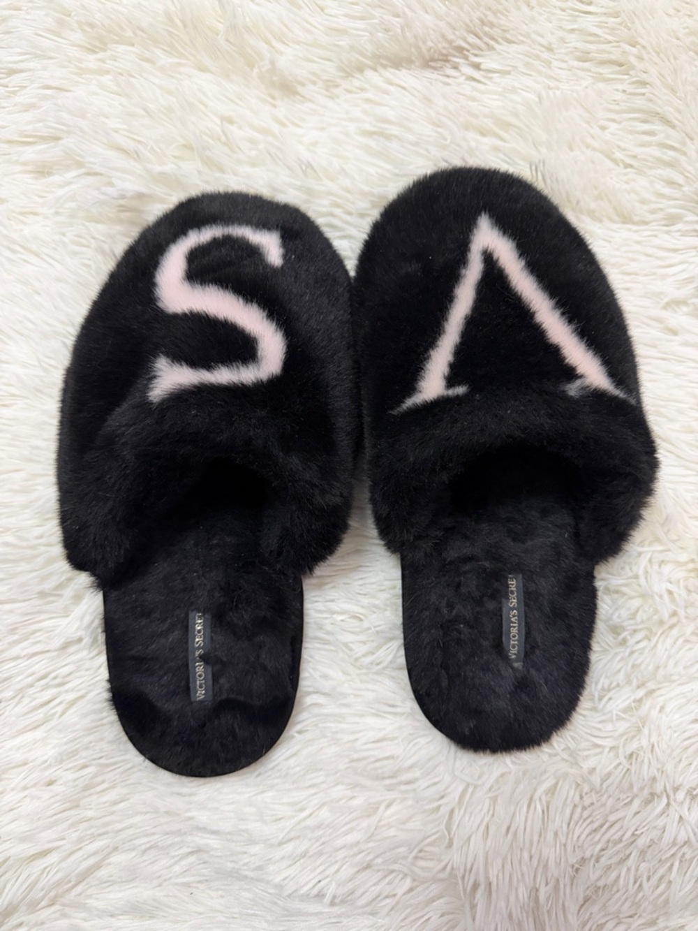 Victoria's Secret Black Faux Fur Slide Slippers with Pink Lettering